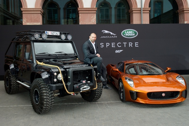 Spectre cast members David Bautista are reunited with Jaguar Land Rover stunt vehicles from the film ahead of their international debut at the 2015 Frankfurt Auto Show  in Frankfurt, Germany