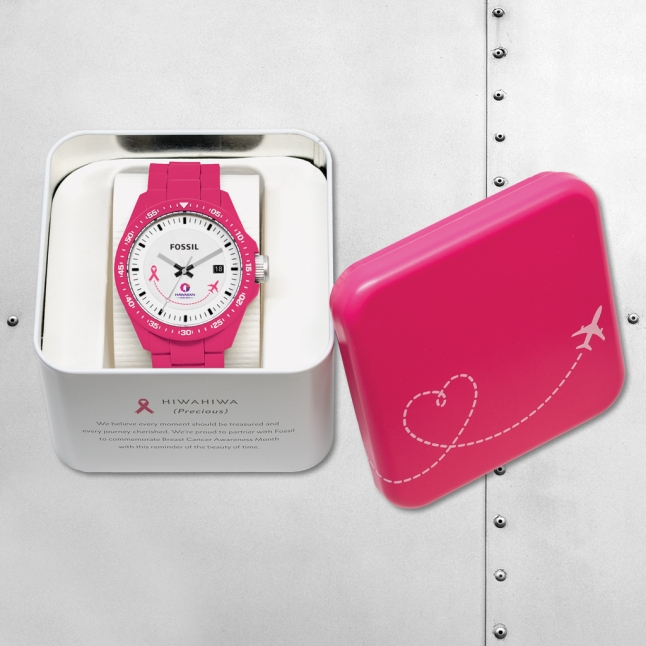 The watches, offered in pink or gray for $95, are housed in a custom tin case adorned with an airplane graphic, along with the word Hihahiwa (precious) 