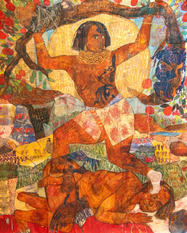 Mequitta Ahuja, Mocoonama, Acrylic, Colored Pencil and Enamel on Vellum Collage, 87X73, 2012